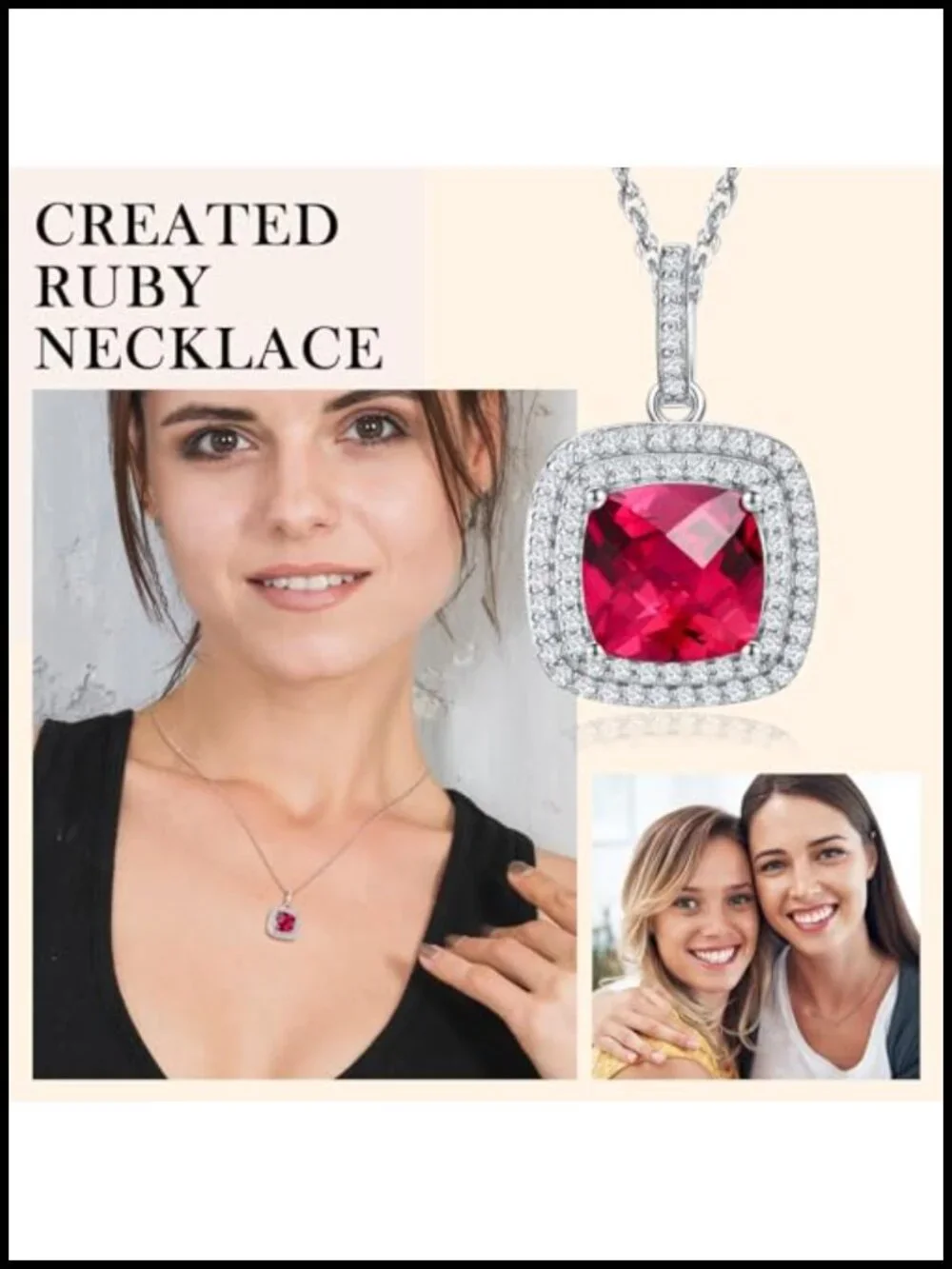 925 Sterling Silver Cushion Cut Ruby Halo Pendant Necklace